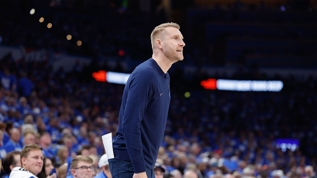 Memphis Grizzlies head coach Tuomas Iisalo watches his team play against the Oklahoma City Thunder in the third quarter during game two of first round for the 2024 NBA Playoffs at Paycom Center.