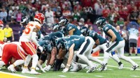 Feb 9, 2025; New Orleans, LA, USA; Philadelphia Eagles quarterback Jalen Hurts (1) lines up for the tush push play on the goal line against the Kansas City Chiefs during Super Bowl LIX at Ceasars Superdome.