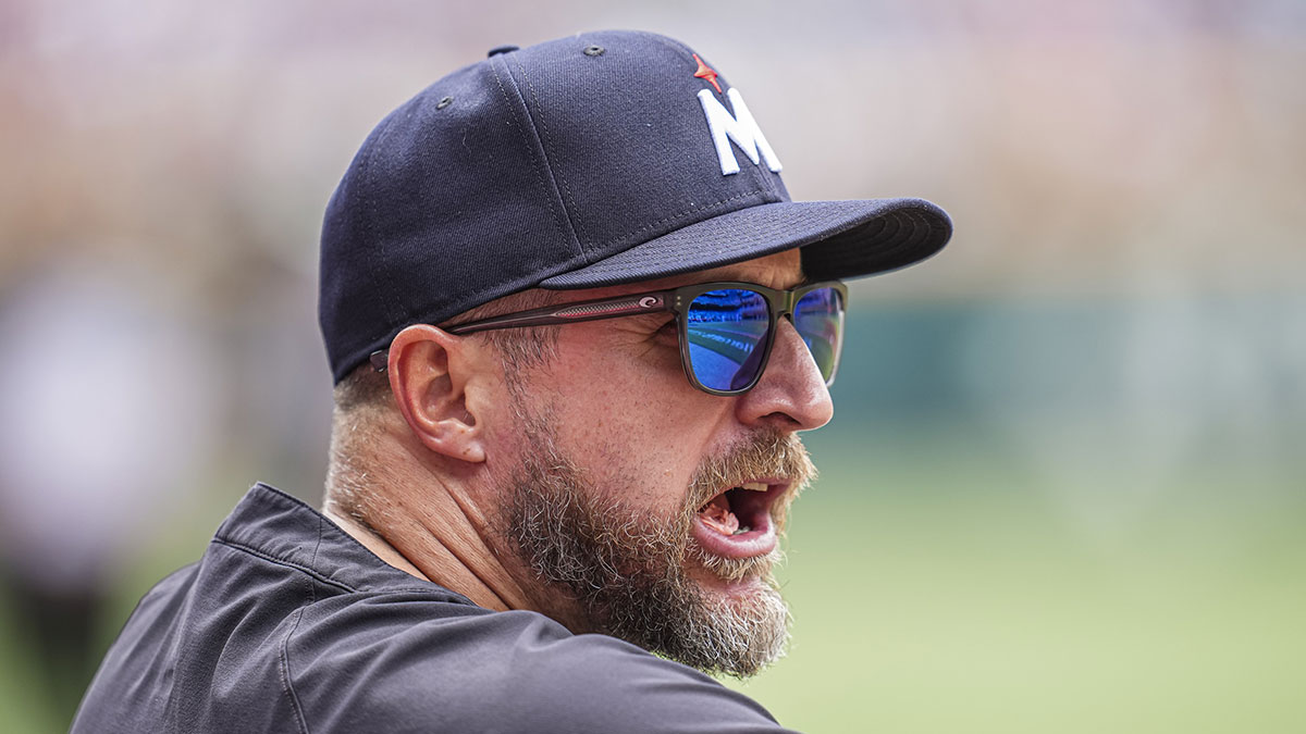 Minnesota Twins manager Rocco Baldelli (5) shown in the dugout against the Atlanta Braves during the first inning at Truist Park.