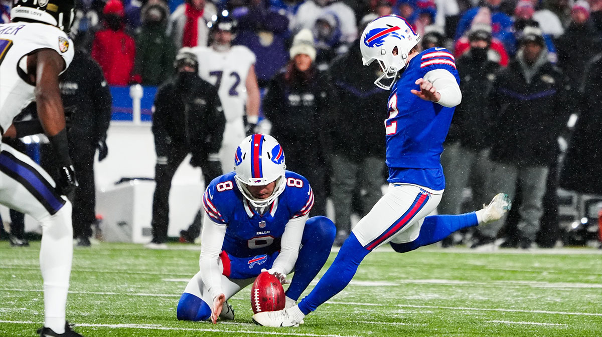 Buffalo Bills place kicker Tyler Bass (2) kicks a field goal during the fourth quarter against the Baltimore Ravens in a 2025 AFC divisional round game at Highmark Stadium.