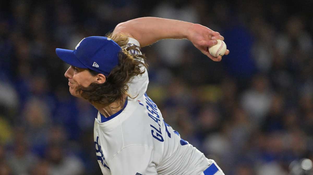 Mar 31, 2025; Los Angeles, California, USA; Los Angeles Dodgers starting pitcher Tyler Glasnow (31) delivers to the plate in the fifth inning against the Atlanta Braves at Dodger Stadium.