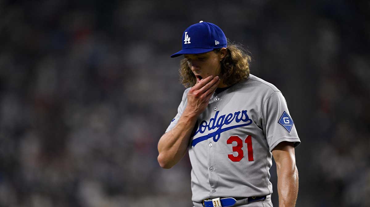 Apr 20, 2025; Arlington, Texas, USA; Los Angeles Dodgers starting pitcher Tyler Glasnow (31) comes off the field during the game between the Texas Rangers and the Los Angeles Dodgers at Globe Life Field. Mandatory Credit: Jerome Miron-Imagn Images