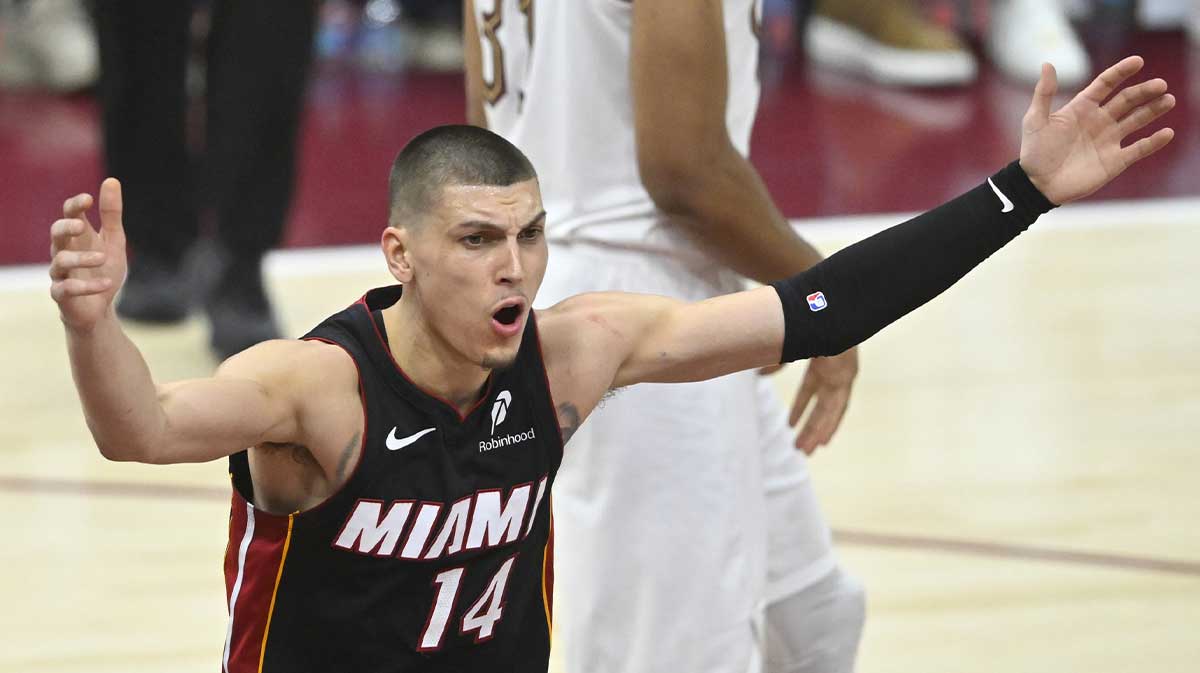 Miami Heat guard Tyler Herro (14) reacts in the third quarter of game two of the first round of the 2025 NBA Playoffs against the Cleveland Cavaliers at Rocket Arena.