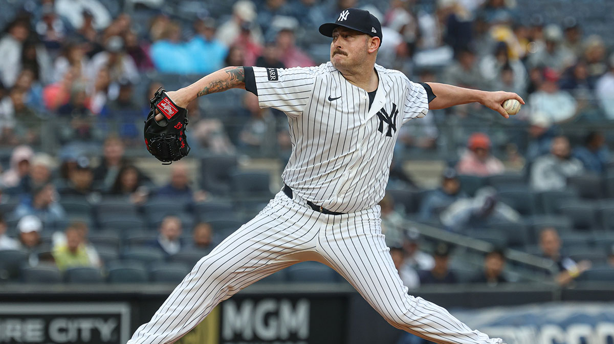 May 4, 2025; Bronx, New York, USA; New York Yankees relief pitcher Tyler Matzek (68) delivers a pitch during the fifth inning against the Tampa Bay Rays at Yankee Stadium.