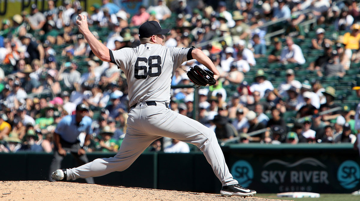 May 10, 2025; West Sacramento, California, USA; New York Yankees pitcher Tyler Matzek (68) throws a pitch against the Athletics during the eighth inning at Sutter Health Park. Mandatory Credit: Dennis Lee-Imagn Images