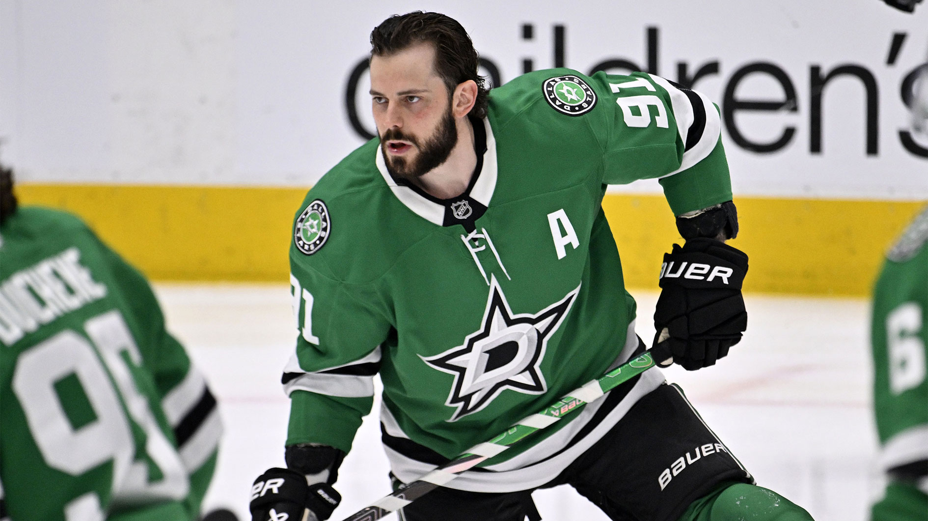 Dallas Stars center Tyler Seguin (91) practices before game two of the Western Conference Final of the 2025 Stanley Cup Playoffs at American Airlines Center.