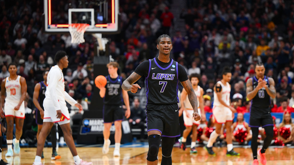 Grand Canyon Antelopes guard Tyon Grant-Foster (7) celebrates making a buzzer beater three pointer during the first half against Maryland Terrapins at Climate Pledge Arena. Steven Bisig-Imagn Images