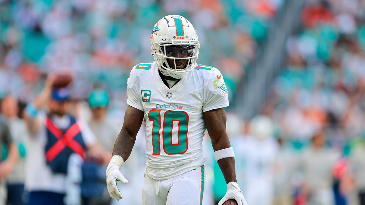 Miami Dolphins wide receiver Tyreek Hill (10) looks on after making a catch against the New York Jets during the first quarter at Hard Rock Stadium.