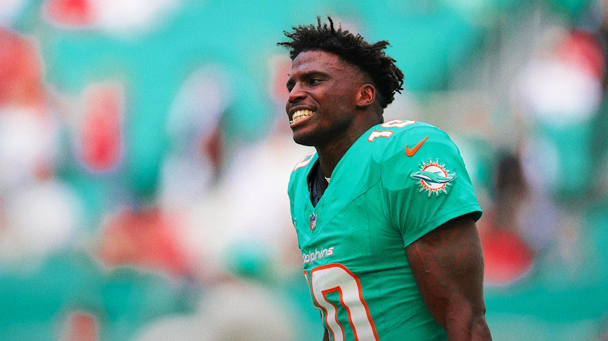 Miami Dolphins wide receiver Tyreek Hill (10) reacts on the field before the game against the San Francisco 49ers at Hard Rock Stadium.