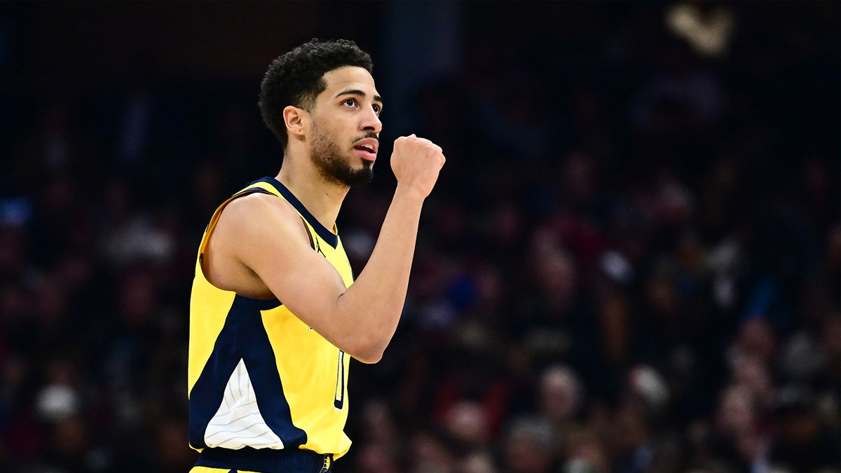 Indiana Pacers guard Tyrese Haliburton (0) celebrates after hitting a three point basket during the first half against the Cleveland Cavaliers in game five of the second round for the 2025 NBA Playoffs at Rocket Arena.