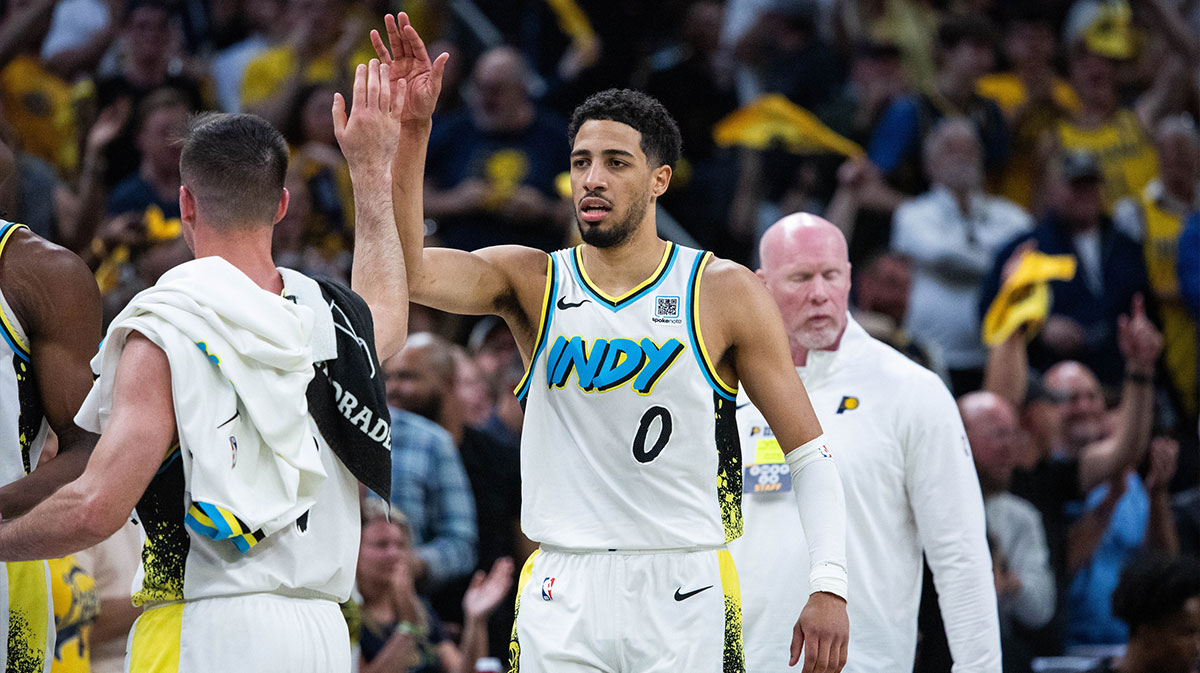 Indiana Pacers guard Tyrese Haliburton (0) celebrates during game four of the second round for the 2025 NBA Playoffs against the Cleveland Cavaliers at Gainbridge Fieldhouse.