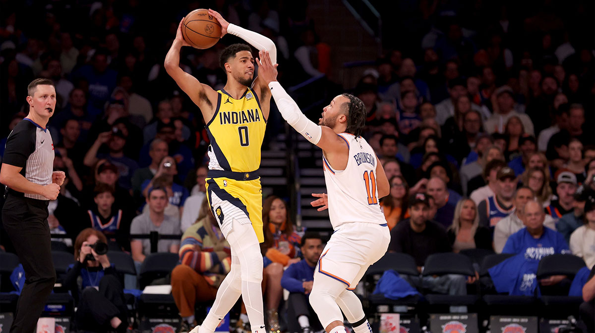 Indiana Pacers guard Tyrese Haliburton (0) looks to pass the ball against New York Knicks guard Jalen Brunson (11) during the third quarter at Madison Square Garden.