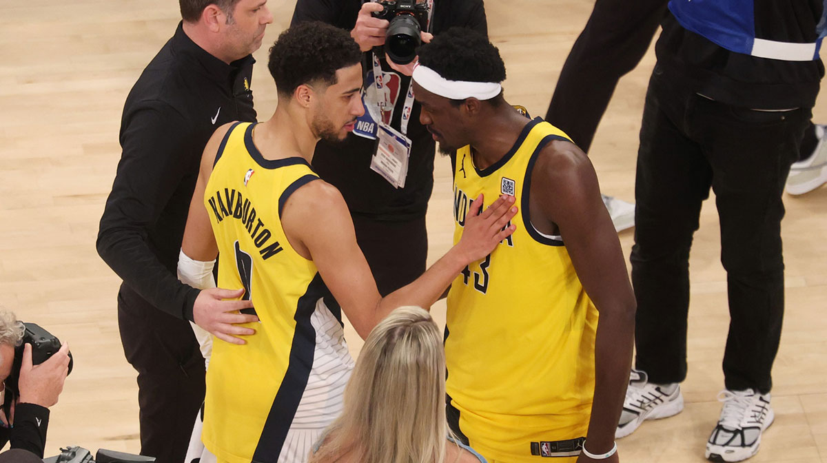 Indiana Pacers guard Tyrese Haliburton (0) and forward Pascal Siakam (43) embrace after defeating the New York Knicks in game two of the eastern conference finals for the 2025 NBA Playoffs at Madison Square Garden.