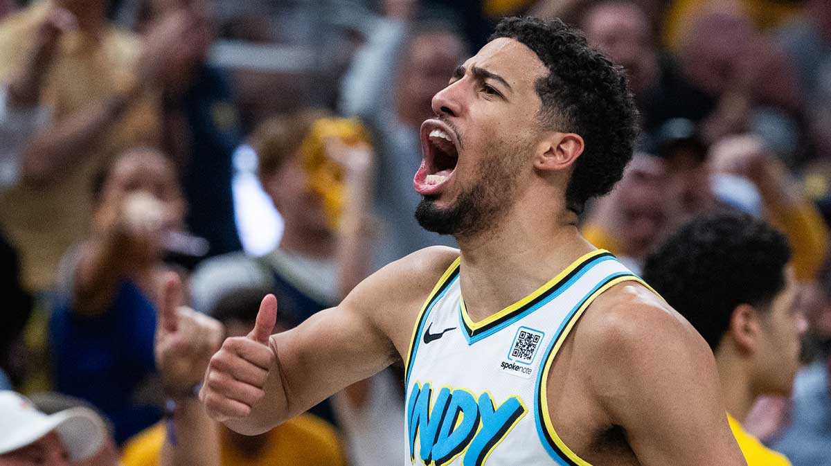 Indiana Pacers guard Tyrese Haliburton (0) celebrates during game four of the second round for the 2025 NBA Playoffs against the Cleveland Cavaliers at Gainbridge Fieldhouse.