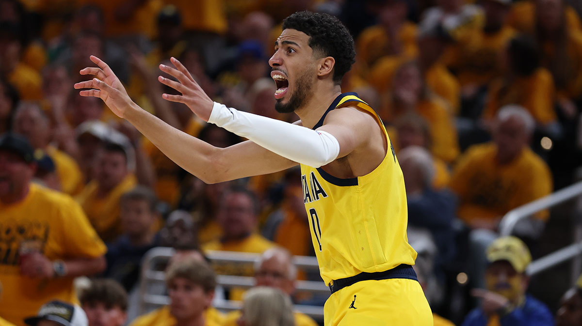 Indiana Pacers guard Tyrese Haliburton (0) reacts to a call during the second quarter against the New York Knicks during game three of the eastern conference finals for the 2025 NBA Playoffs at Gainbridge Fieldhouse.