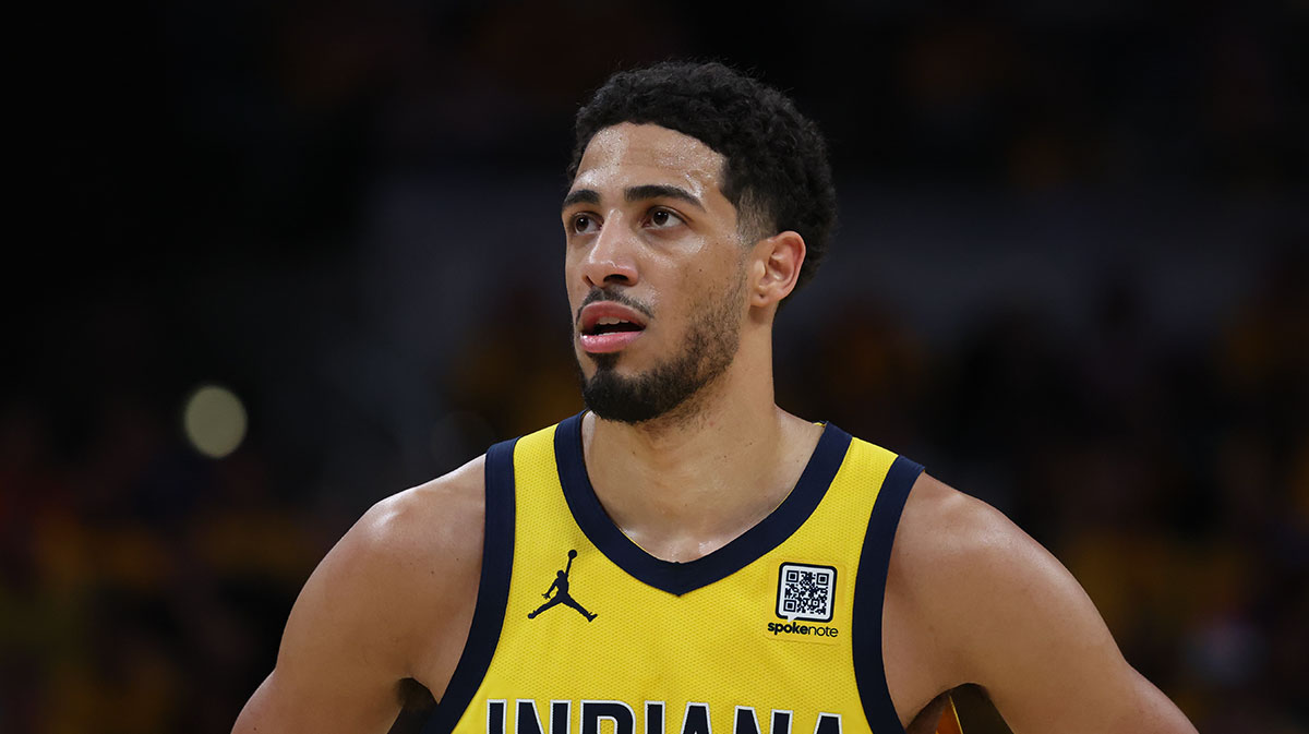 Indiana Pacers guard Tyrese Haliburton (0) stands on court during the second quarter against the New York Knicks of game four of the eastern conference finals for the 2025 NBA Playoffs at Gainbridge Fieldhouse.