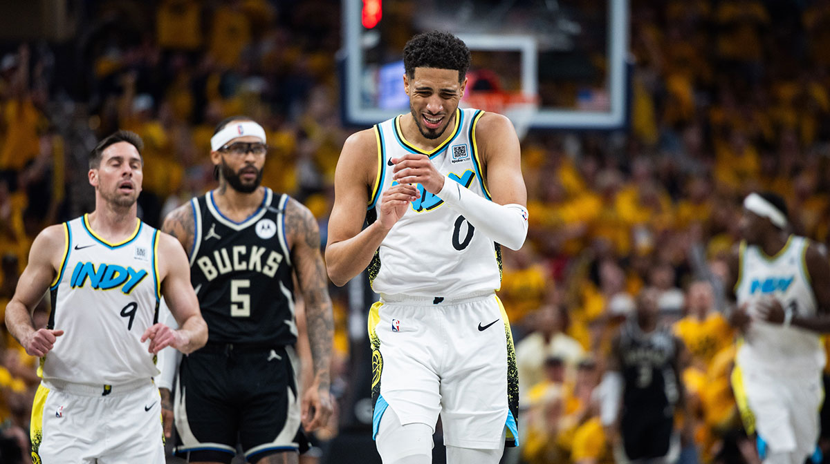 Indiana Pacers guard Tyrese Haliburton (0) reacts to a missed shot during game five of the first round for the 2024 NBA Playoffs against the Milwaukee Bucks at Gainbridge Fieldhouse.