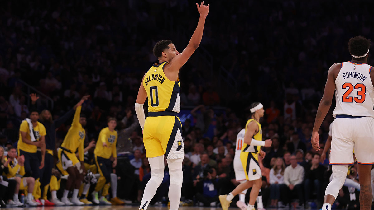 Indiana Pacers guard Tyrese Haliburton (0) reacts in the third quarter against the New York Knicks during game one of the eastern conference finals for the 2025 NBA Playoffs at Madison Square Garden.