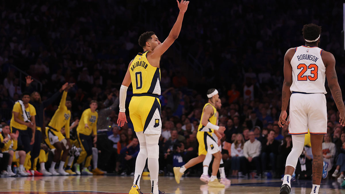 Indiana Pacers guard Tyrese Haliburton (0) reacts in the third quarter against the New York Knicks during game one of the eastern conference finals for the 2025 NBA Playoffs at Madison Square Garden.