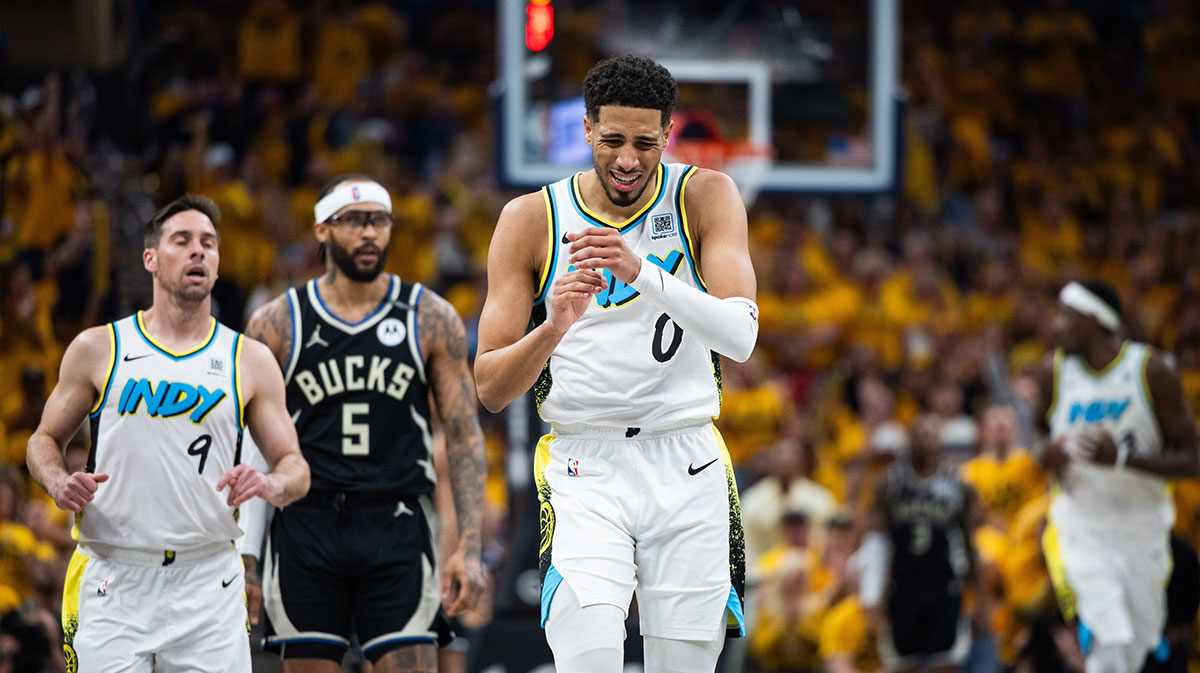 Indiana Pacers guard Tyrese Haliburton (0) reacts to a missed shot during game five of the first round for the 2024 NBA Playoffs against the Milwaukee Bucks at Gainbridge Fieldhouse.