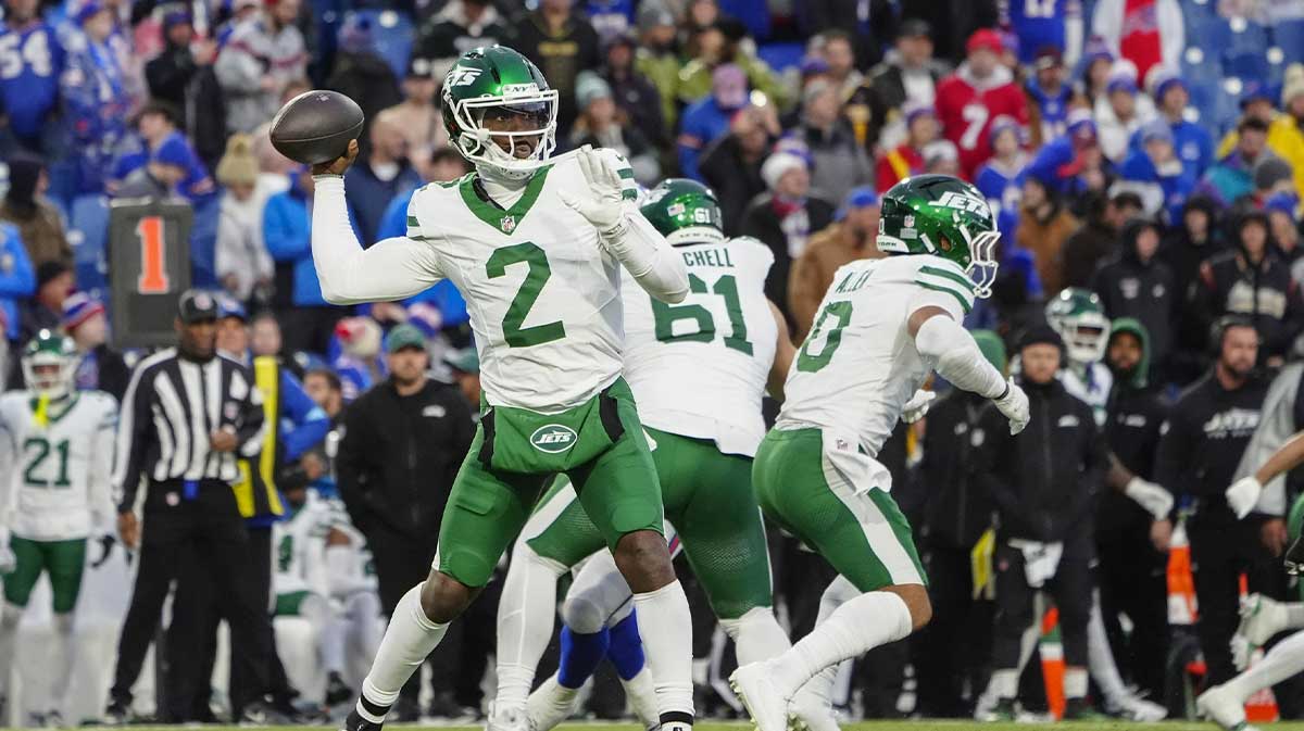 Dec 29, 2024; Orchard Park, New York, USA; New York Jets quarterback Tyrod Taylor (2) throws the ball against the Buffalo Bills during the second half at Highmark Stadium. Mandatory Credit: Gregory Fisher-Imagn Images