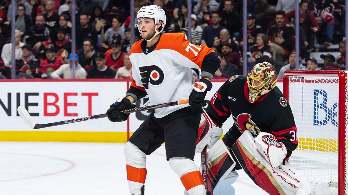 Philadelphia Flyers right wing Tyson Foerster (71) screens Ottawa Senators goalie Anton Forsberg (31) in the second period at the Canadian Tire Centre.