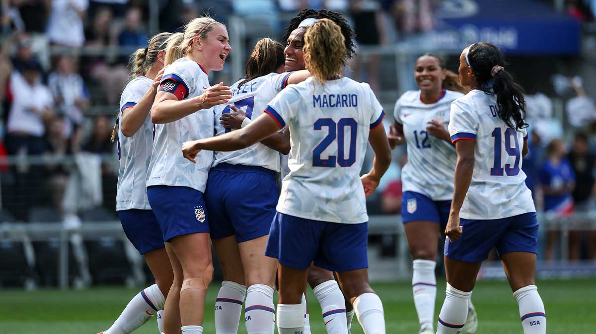 U.S. Women's National Team midfielder Sam Coffey (17) celebrates her goal with teammates during the first half against China PR at Allianz Field.