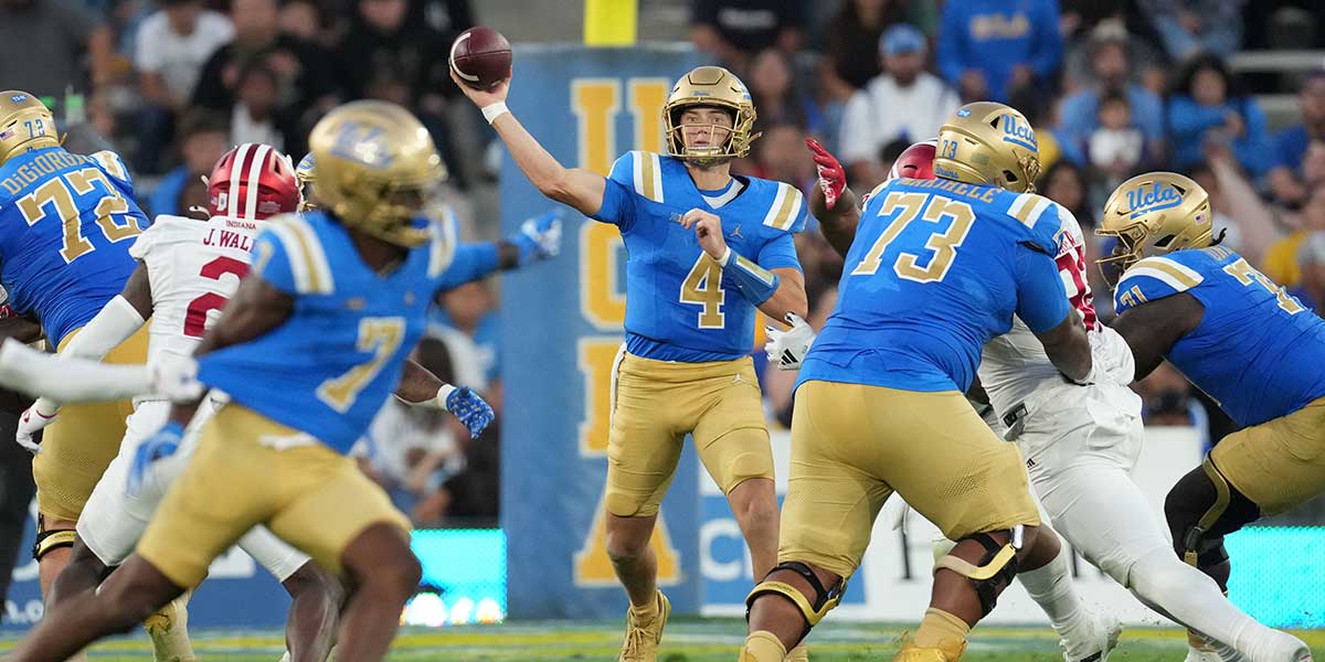 UCLA Bruins quarterback Ethan Garbers (4) throws a pass in the second half against the Indiana Hoosiers at Rose Bowl.