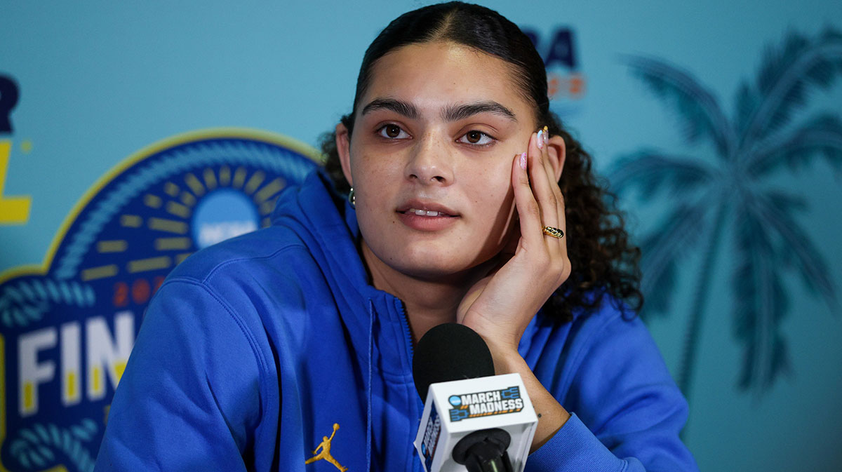 UCLA Bruins center Lauren Betts talks to media before the NCAA Woman’s Final Four at Amalie Arena.