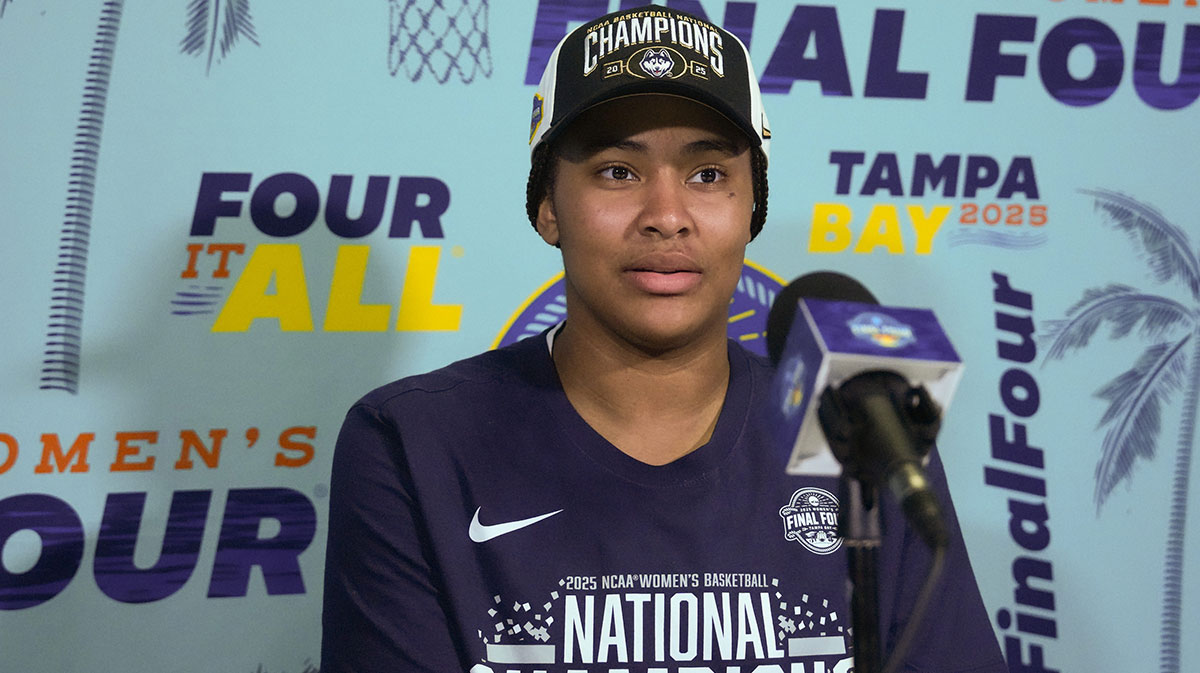 UConn women's basketball forward Sarah Strong (21) speaks to the media after the national championship of the women's 2025 NCAA tournament against the South Carolina Gamecocks at Amalie Arena.
