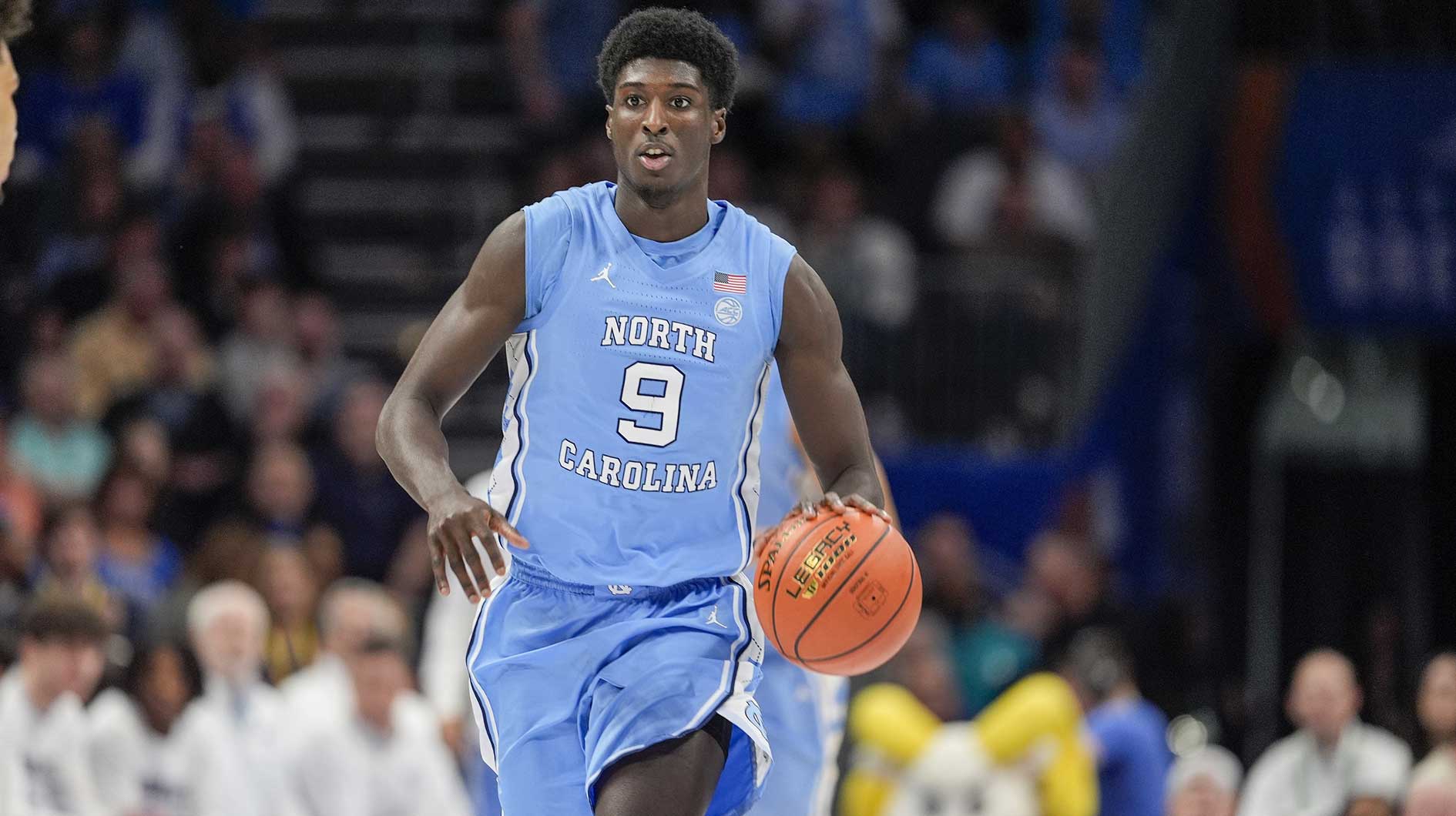North Carolina Tar Heels guard Drake Powell (9) during the first half against the Duke Blue Devils at Spectrum Center.