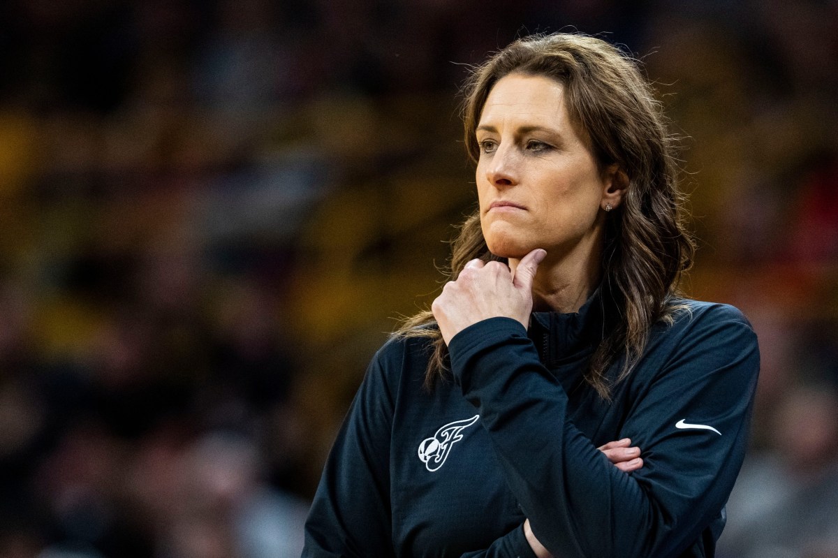 Indiana Fever head coach Stephanie White watches the action during a preseason game between the Indiana Fever and the Brazil national team at Carver-Hawkeye Arena in Iowa City.