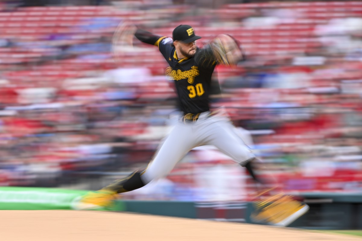 May 6, 2025; St. Louis, Missouri, USA; Pittsburgh Pirates starting pitcher Paul Skenes (30) pitches against the St. Louis Cardinals during the second inning at Busch Stadium. Mandatory Credit: Jeff Curry-Imagn Images