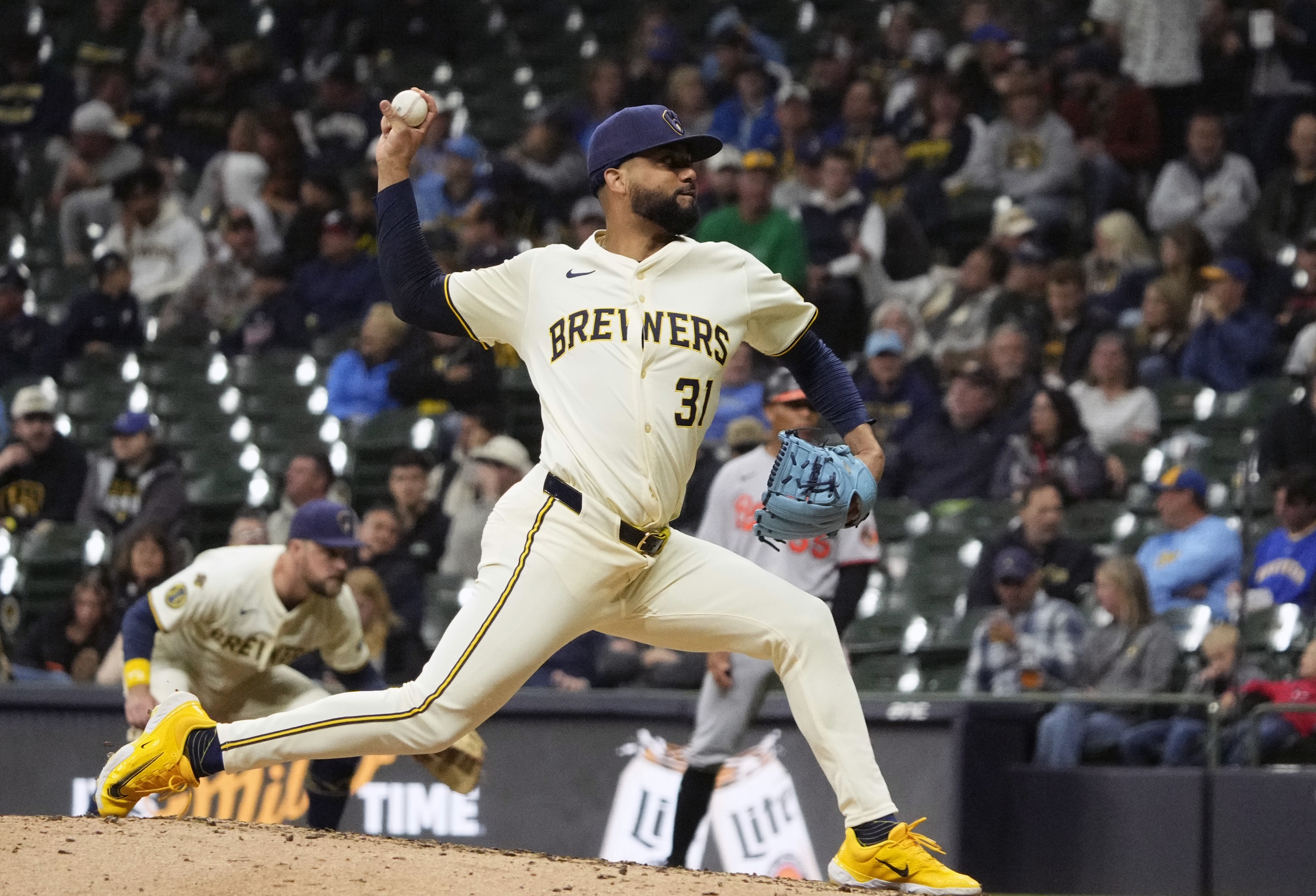 Milwaukee Brewers pitcher Joel Payamps (31) delivers a pitch agaisnst the Baltimore Orioles in the seventh inning at American Family Field.