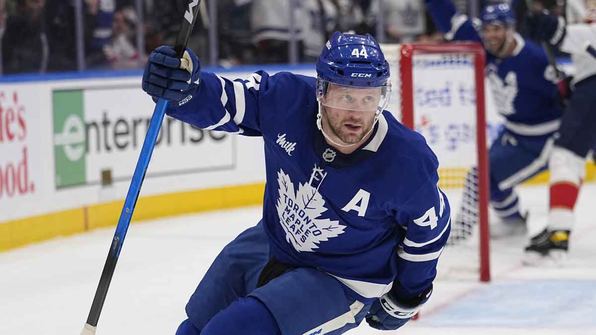 Toronto Maple Leafs defenseman Morgan Rielly (44) celebrates a goal against the Florida Panthers during the first period of the second round of the 2025 Stanley Cup Playoffs at Scotiabank Arena.