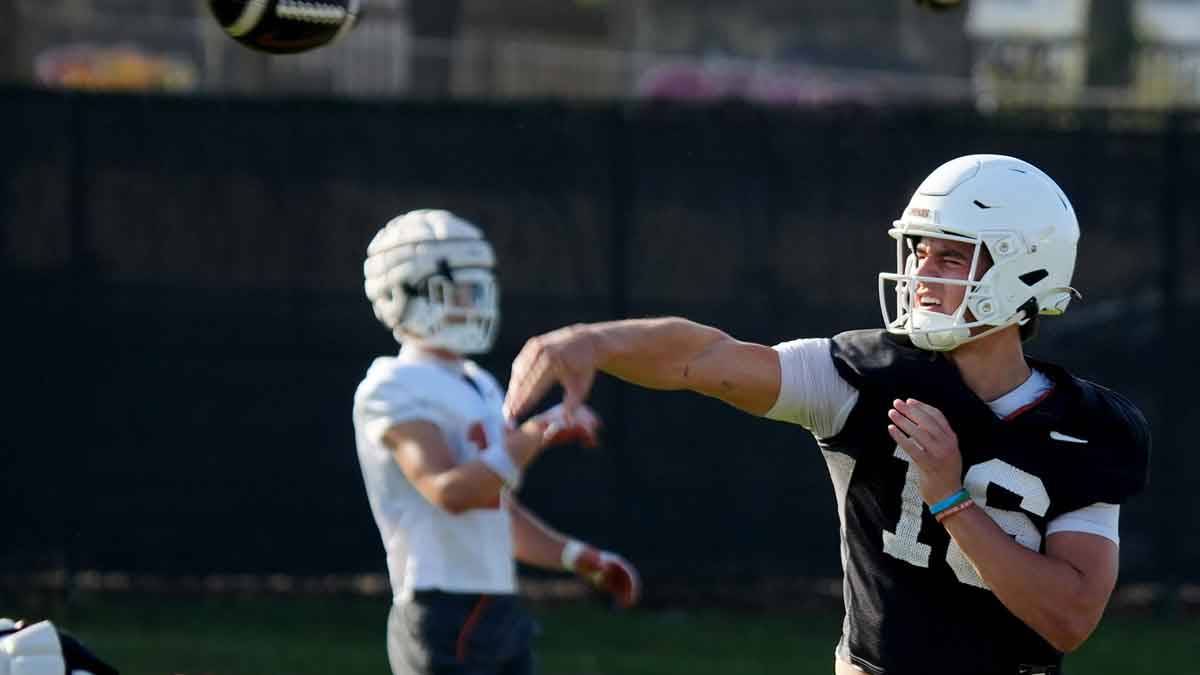 Texas Longhorns quarterback, Arch Manning during his first practice of the spring season on Tuesday, March 25, 2025.