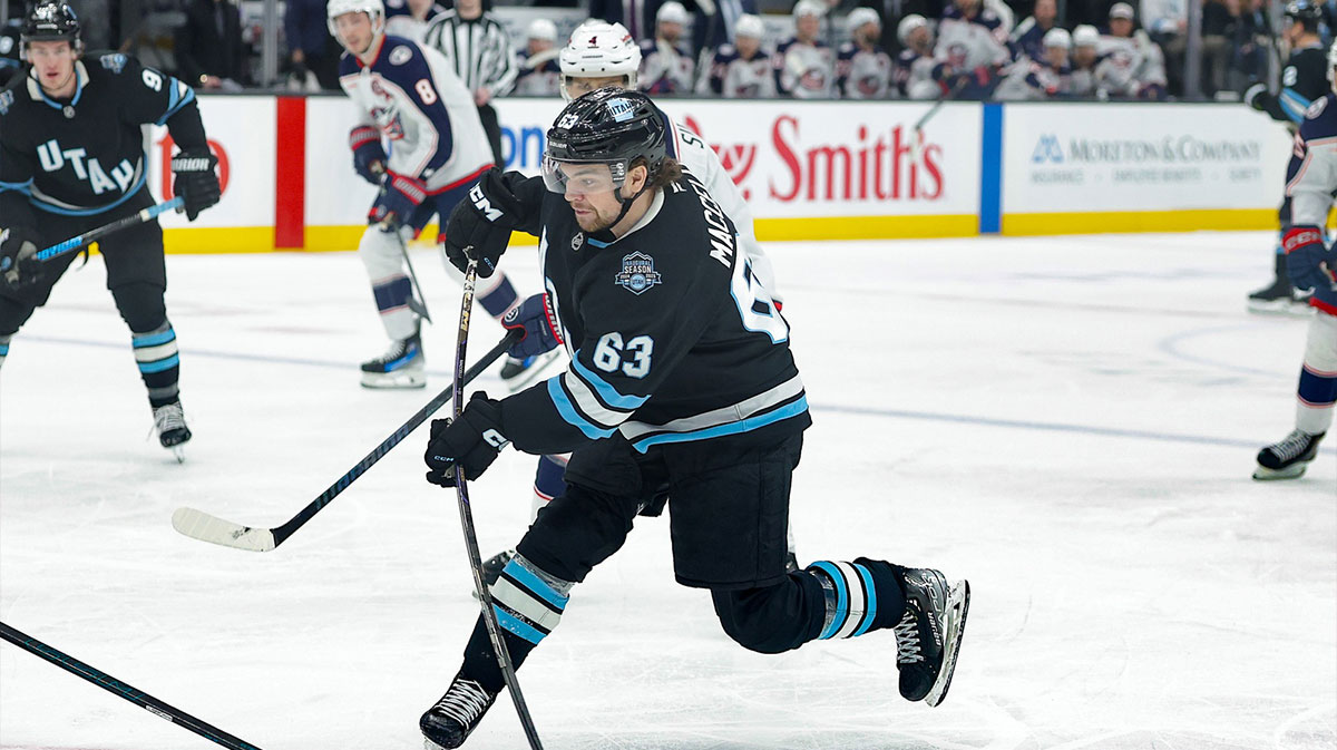 tah Hockey Club left wing Matias Maccelli (63) shoots the puck during the second period against the Columbus Blue Jackets at Delta Center.
