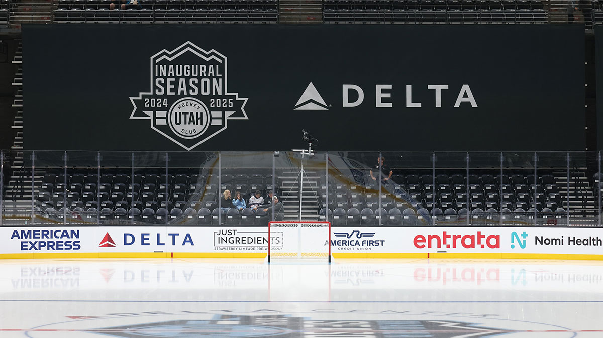 A general view of the signage at the Delta Center before a preseason game between the Utah Hockey Club and Los Angeles Kings.