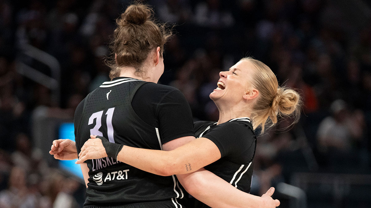 Golden State Valkyries center Kyara Linskens (31) and guard Julie Vanloo (35) celebrate against the Los Angeles Sparks during the third quarter at Chase Center.