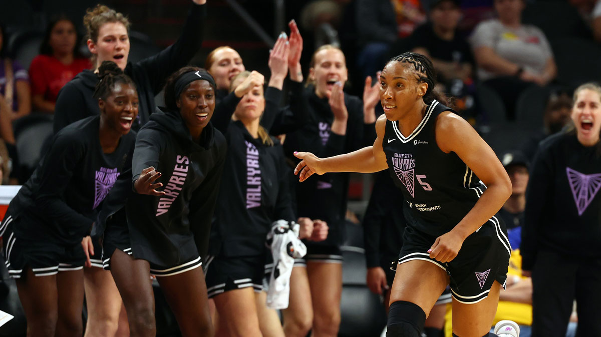 Golden State Valkyries forward Kayla Thornton (5) celebrates a three pointer with the bench against the Phoenix Mercury during a preseason game at PHX Arena.