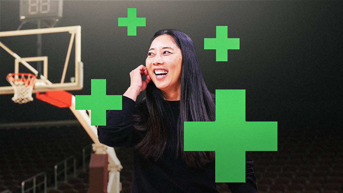 Natalie Nakase with green plus signs sprinkled around her