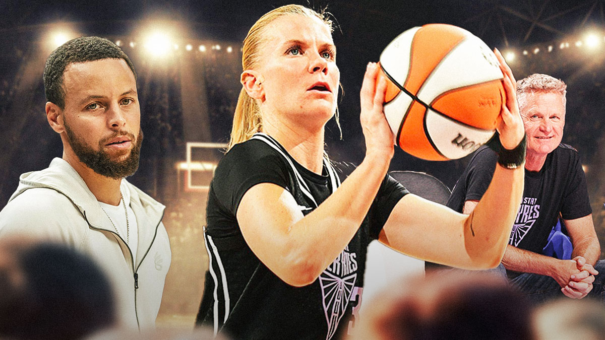 Julie Vanloo shooting the ball while on fire while Warriors head coach Steve Kerr and Stephen Curry watch
