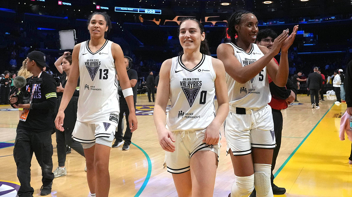 Golden State Valkyries forward Janelle Salaun (13), guard Carla Leite (0) and forward Kayla Thornton (5) leave the court after the game against the LA Sparks at Crypto.com Arena.