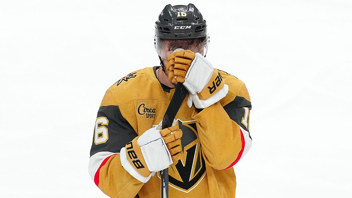 Vegas Golden Knights left wing Pavel Dorofeyev (16) reacts after the Edmonton Oilers defeated the Vegas Golden Knights 1-0 during an overtime period, completing a 4-1 series win during game five of the second round of the 2025 Stanley Cup Playoffs at T-Mobile Arena.