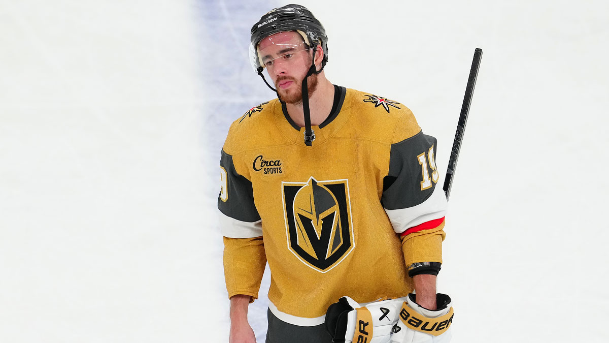 Vegas Golden Knights right wing Reilly Smith (19) reacts after the Edmonton Oilers defeated the Vegas Golden Knights 1-0 during an overtime period, completing a 4-1 series win during game five of the second round of the 2025 Stanley Cup Playoffs at T-Mobile Arena.