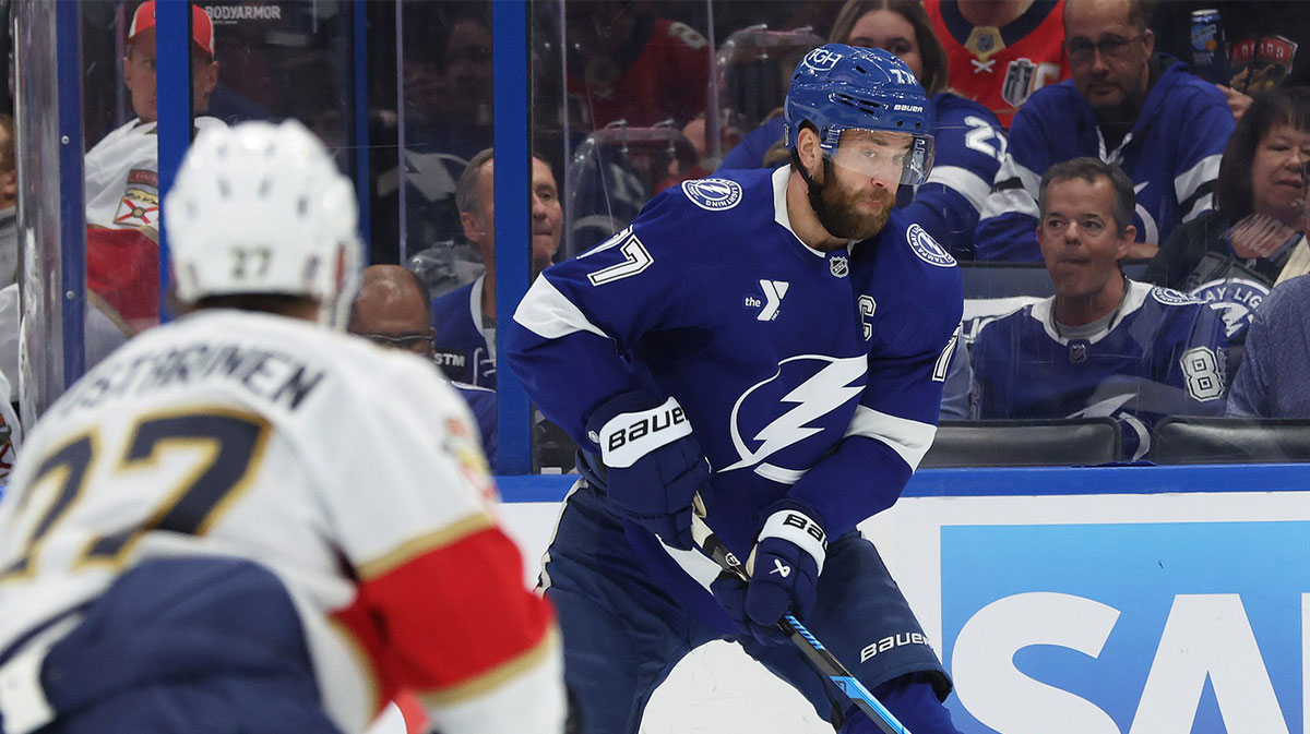 Tampa Bay Lightning defenseman Victor Hedman (77) passes the puck against the Florida Panthers during the first period of game five of the first round of the 2025 Stanley Cup Playoffs at Amalie Arena.