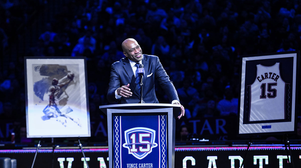 Vince Carter, who joined the NBA on NBC broadcast team with Carmelo Anthony and Michael Jordan, at his jersey retirement ceremony with the Nets.