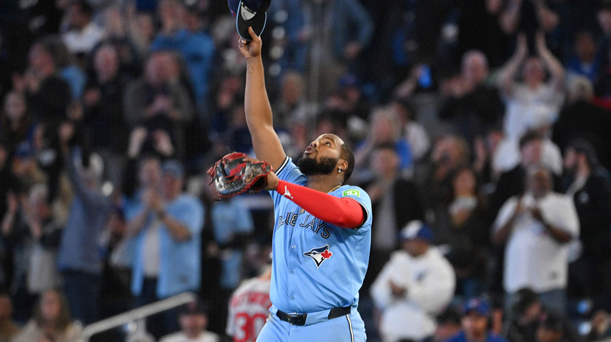 Toronto Blue Jays first baseman Vladimir Guerrero Jr. (27) celebrates after a win over the Boston Red Sox at Rogers Centre.