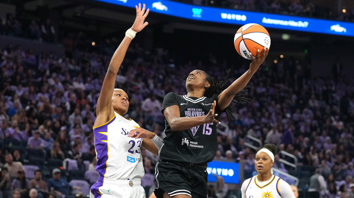 Golden State Valkyries guard Tiffany Hayes (15) shoots against Los Angeles Sparks forward Azura Stevens (23) during the third quarter at Chase Center.