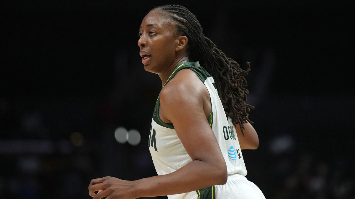 Seattle Storm forward Nneka Ogwumike (3) reacts against the LA Sparks in the second half at Crypto.com Arena.
